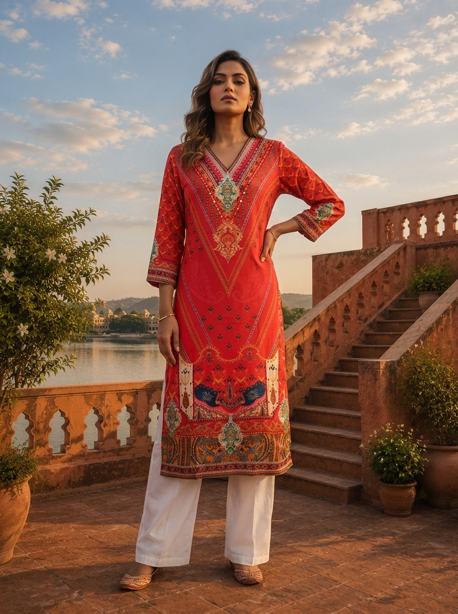 Red Muslin Mughal Printed Kurta