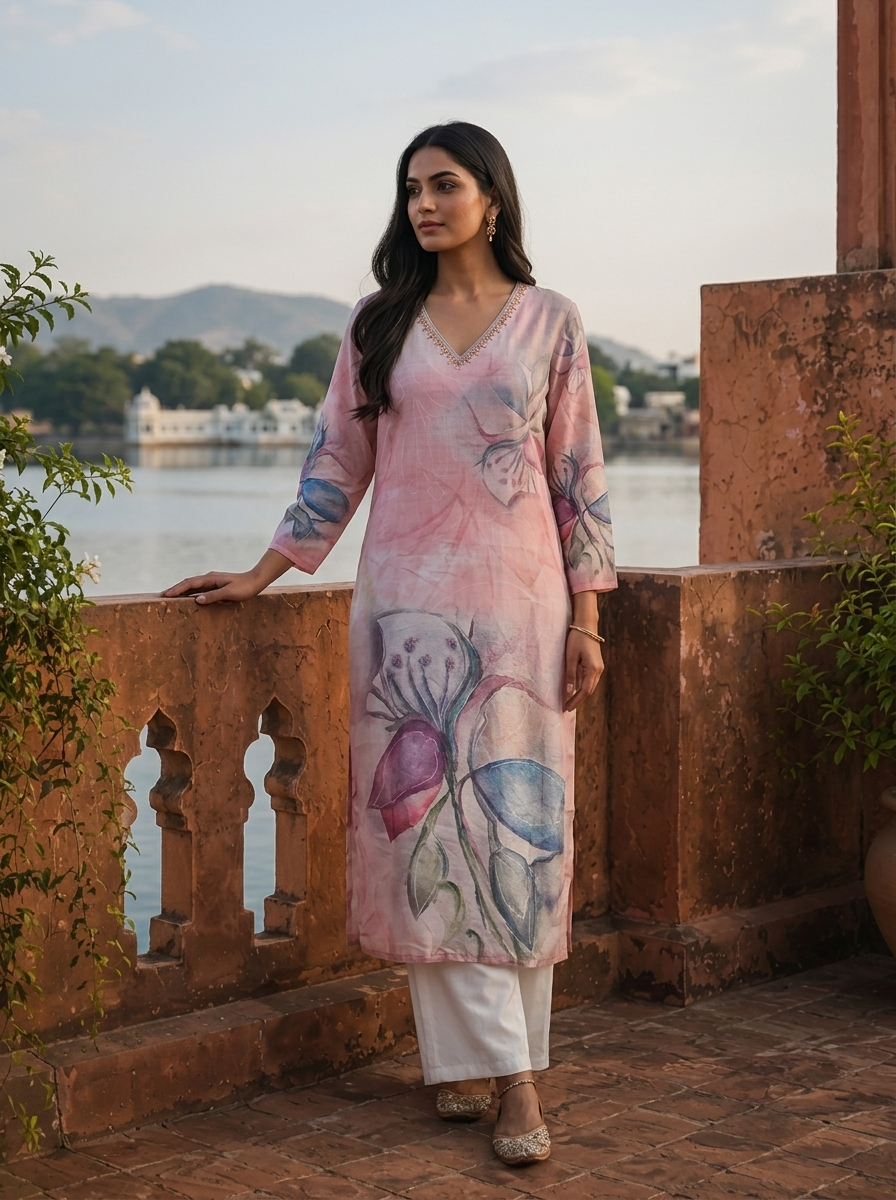 Onion Rayon Orchid Placement Printed Kurta