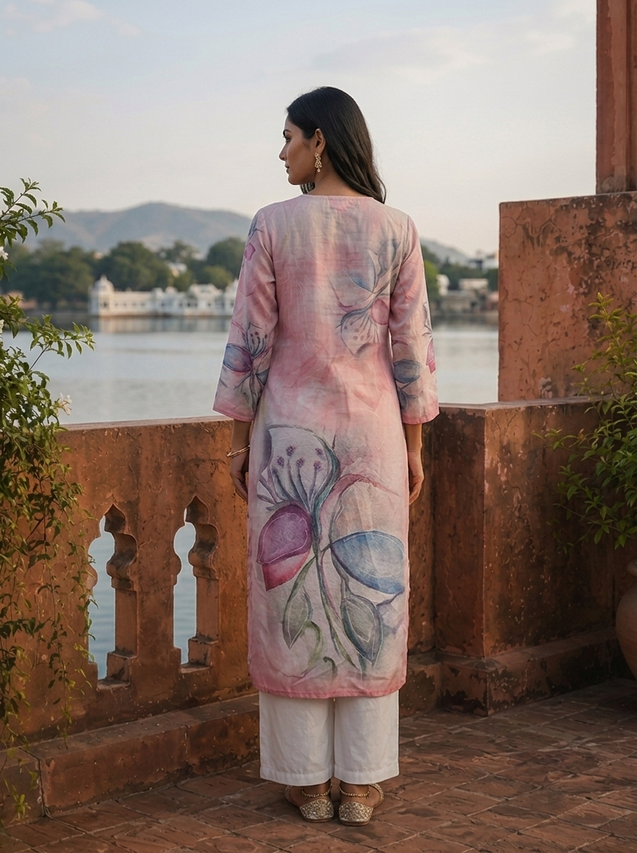 Onion Rayon Orchid Placement Printed Kurta