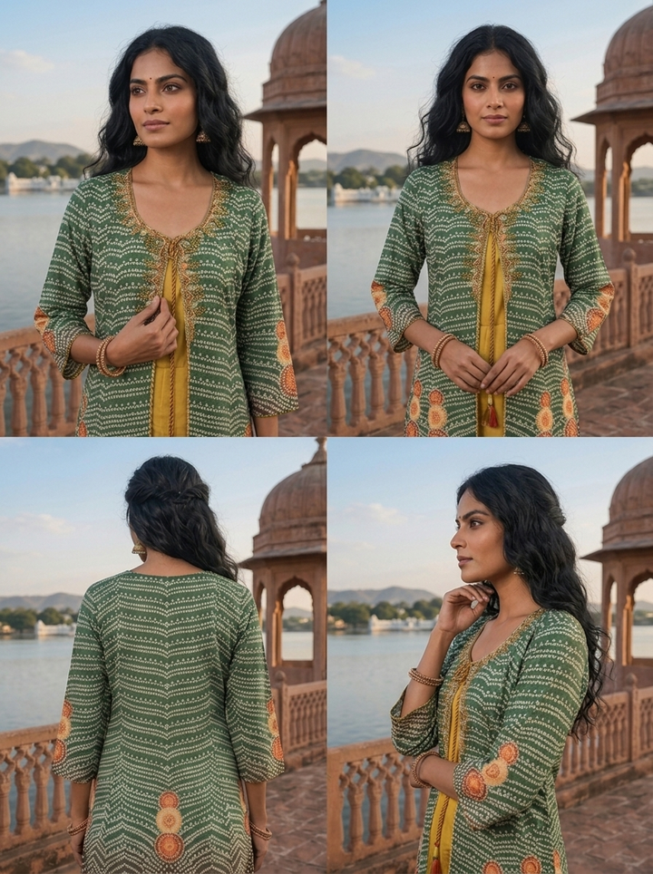 Green Muslin Ombre Bandhani Printed Dress