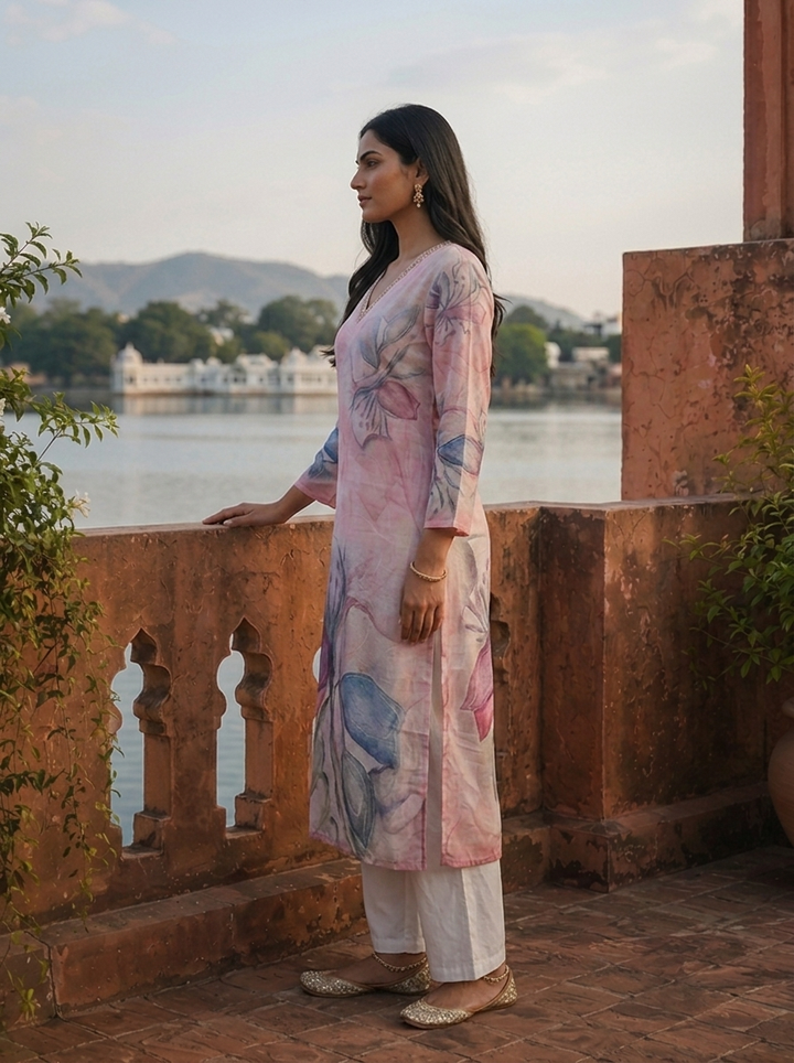 Onion Rayon Orchid Placement Printed Kurta