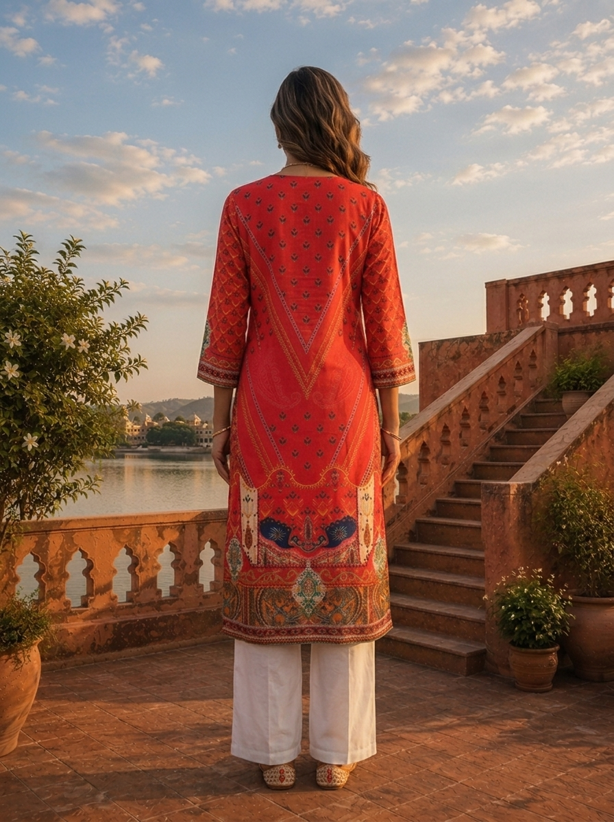 Red Muslin Mughal Printed Kurta