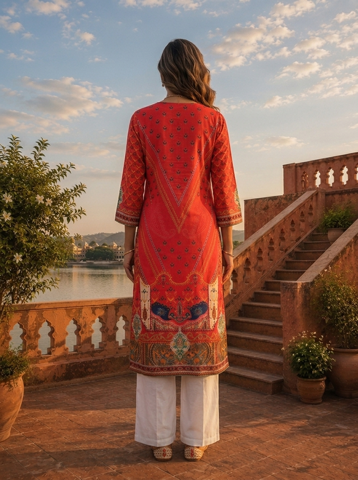 Red Muslin Mughal Printed Kurta