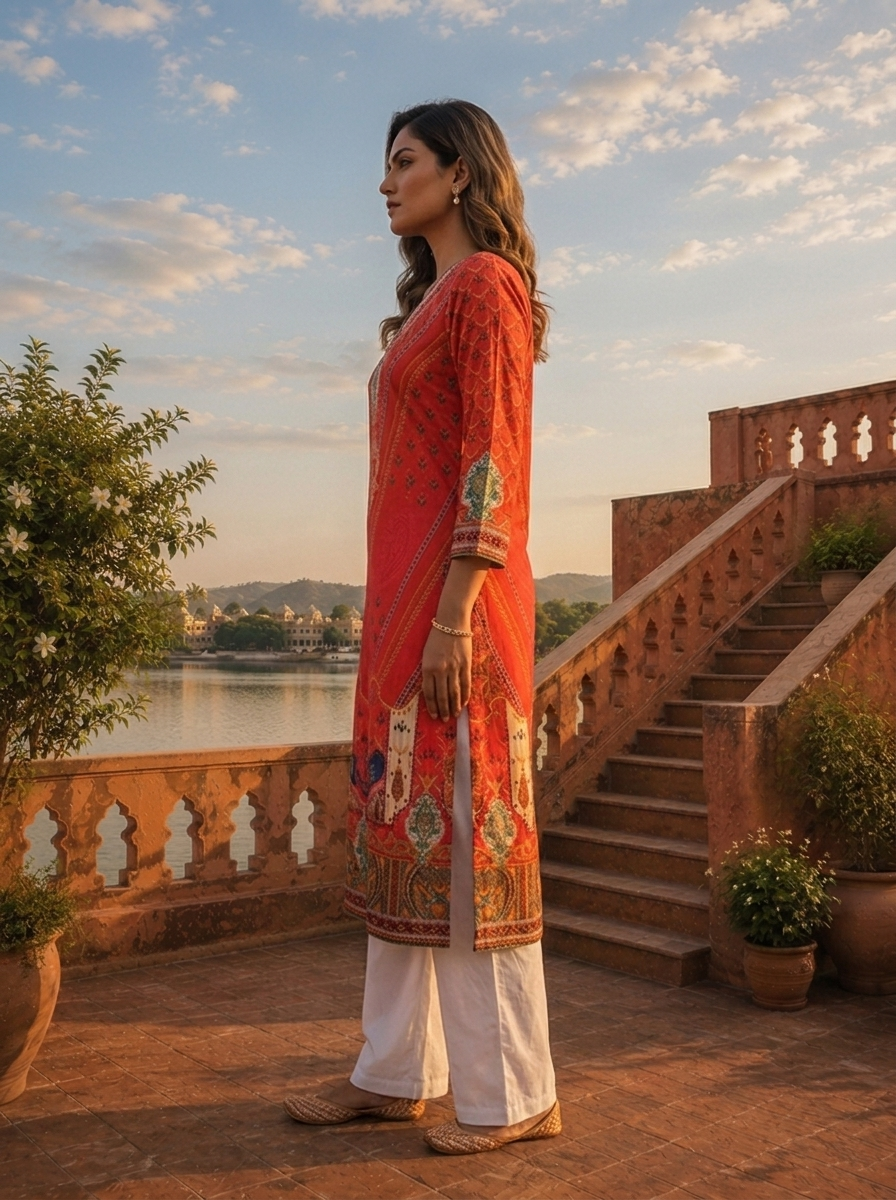 Red Muslin Mughal Printed Kurta