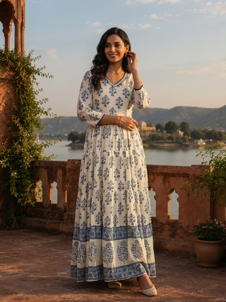 White Cotton Mughal Flower Bunch Motifs Printed Dress