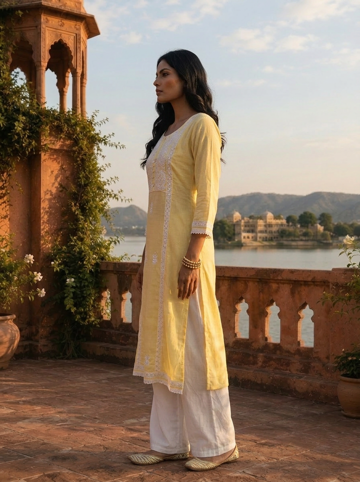 Yellow Rayon Paisley And Floral Motifs Embroidered Kurta