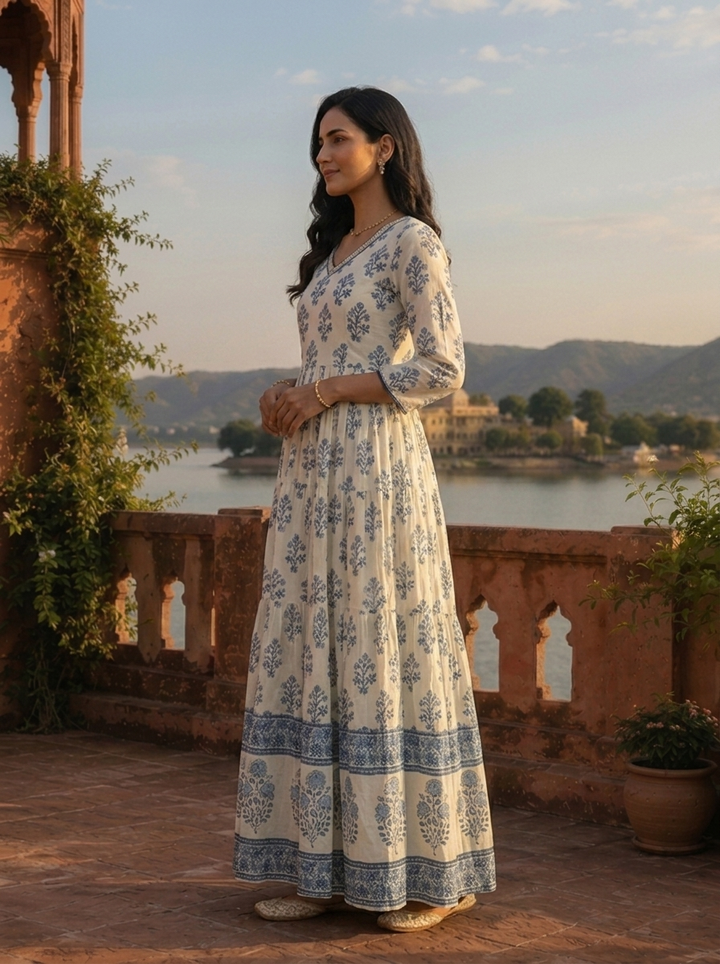 White Cotton Mughal Flower Bunch Motifs Printed Dress