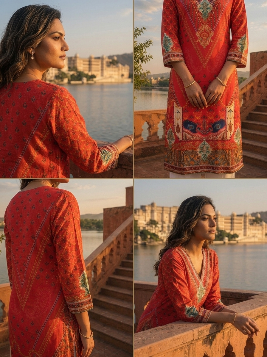 Red Muslin Mughal Printed Kurta