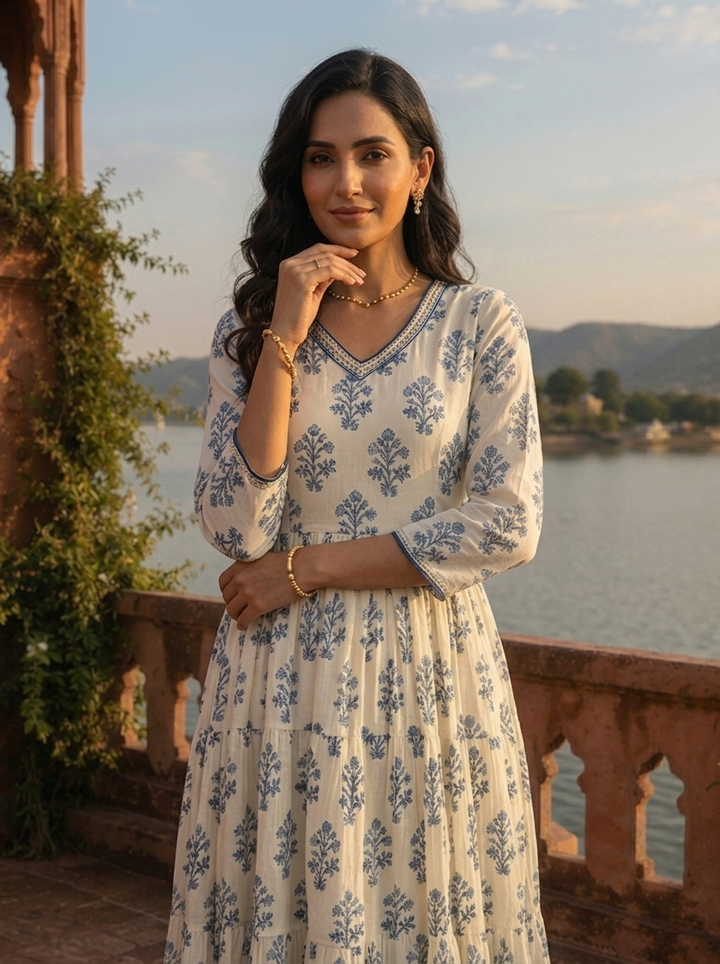 White Cotton Mughal Flower Bunch Motifs Printed Dress