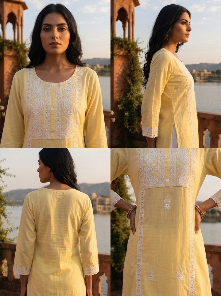 Yellow Rayon Paisley And Floral Motifs Embroidered Kurta