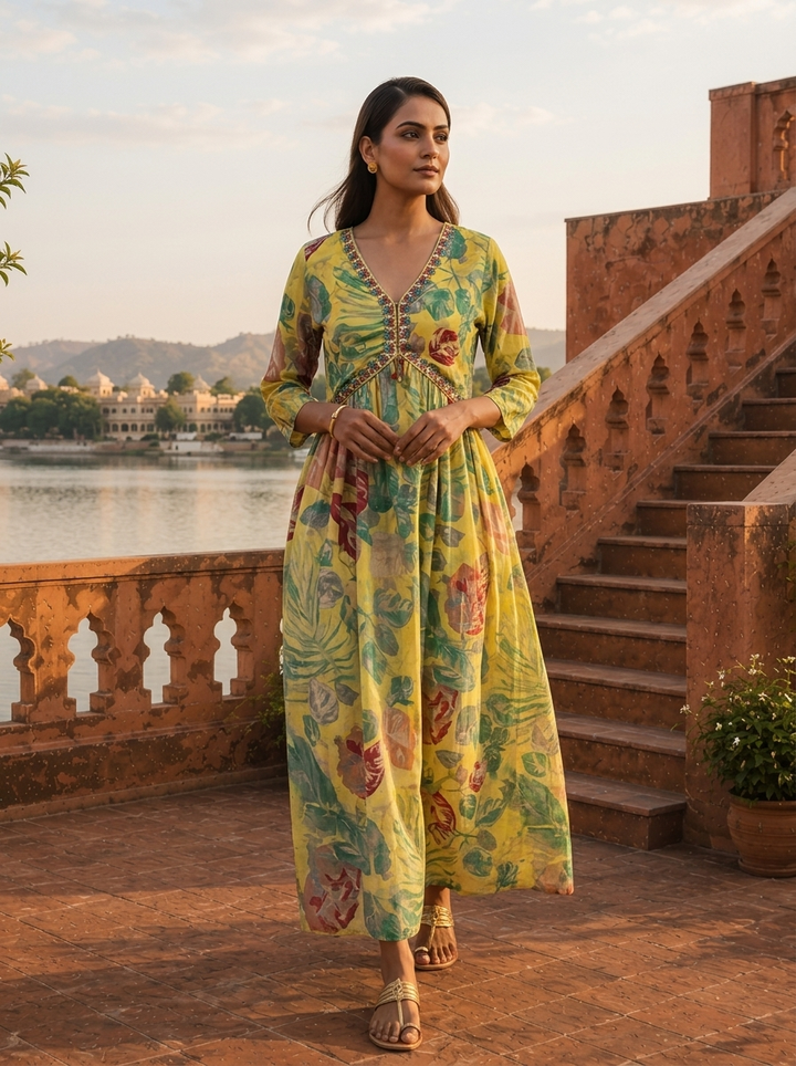 Yellow Cotton Monstera And Tropical Leaves Dress