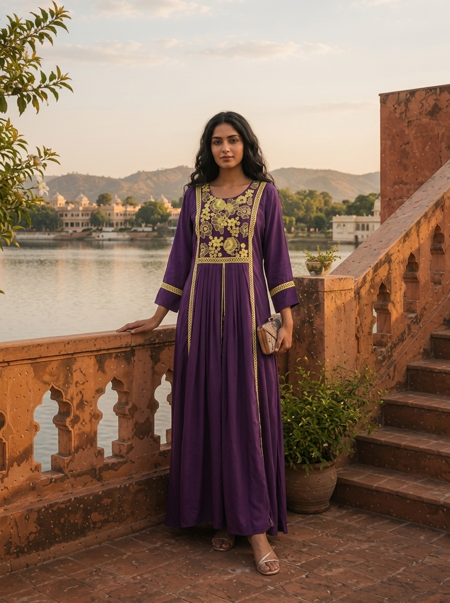 purple dress contrast Designer Embroidered Jacquard Gown with Bandhani Dupatta Set