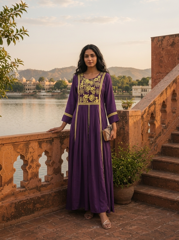 Purple Crepe Contrast Floral Thread Embroidered Dress