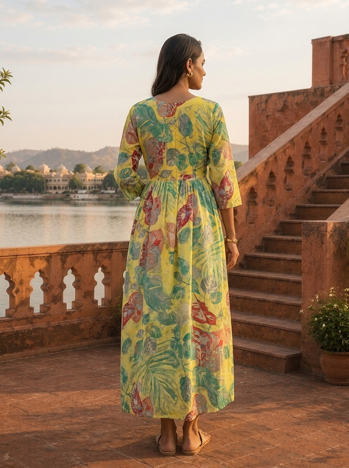 Yellow Cotton Monstera And Tropical Leaves Dress