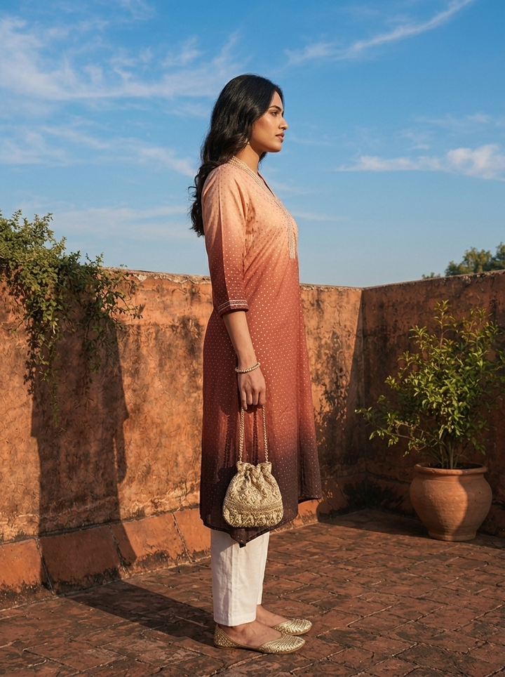 Brown Georgette Ombre Printed Kurta