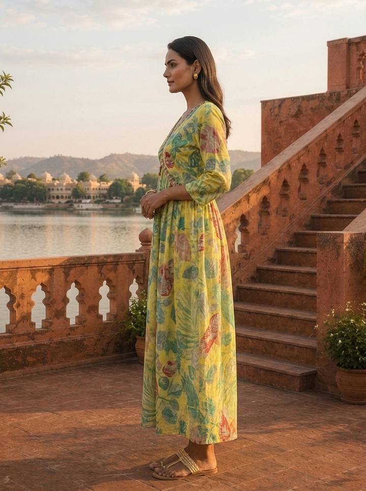 Yellow Cotton Monstera And Tropical Leaves Dress