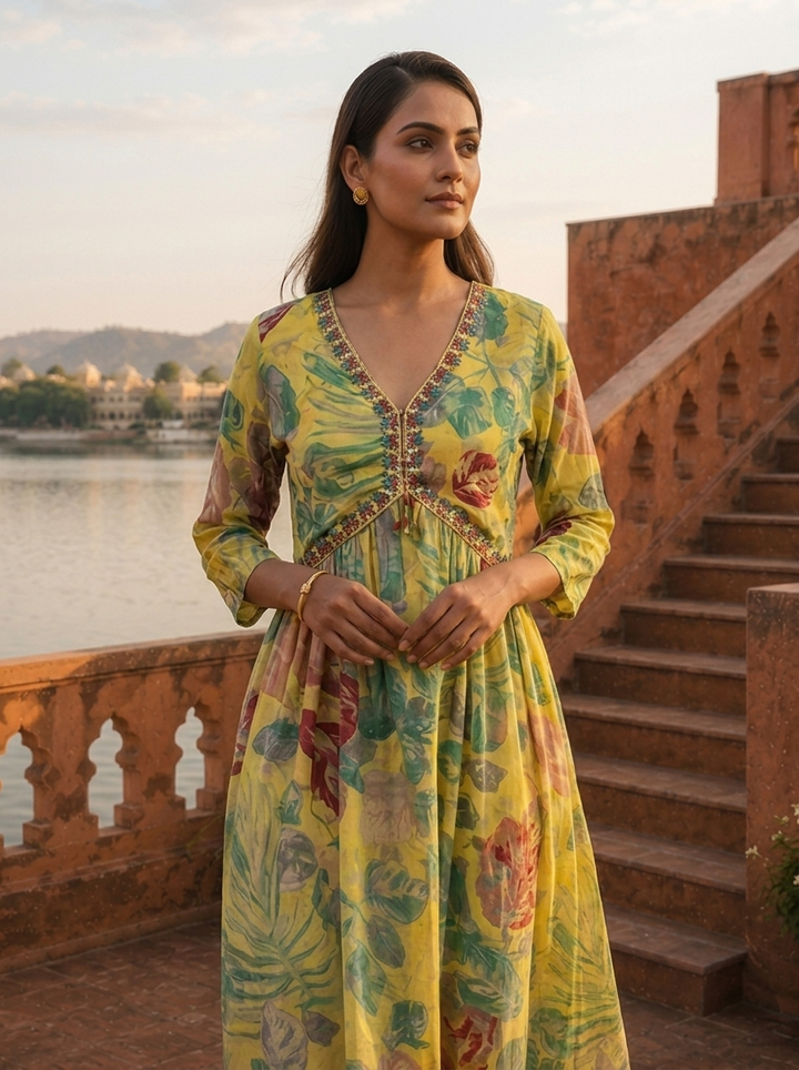 Yellow Cotton Monstera And Tropical Leaves Dress