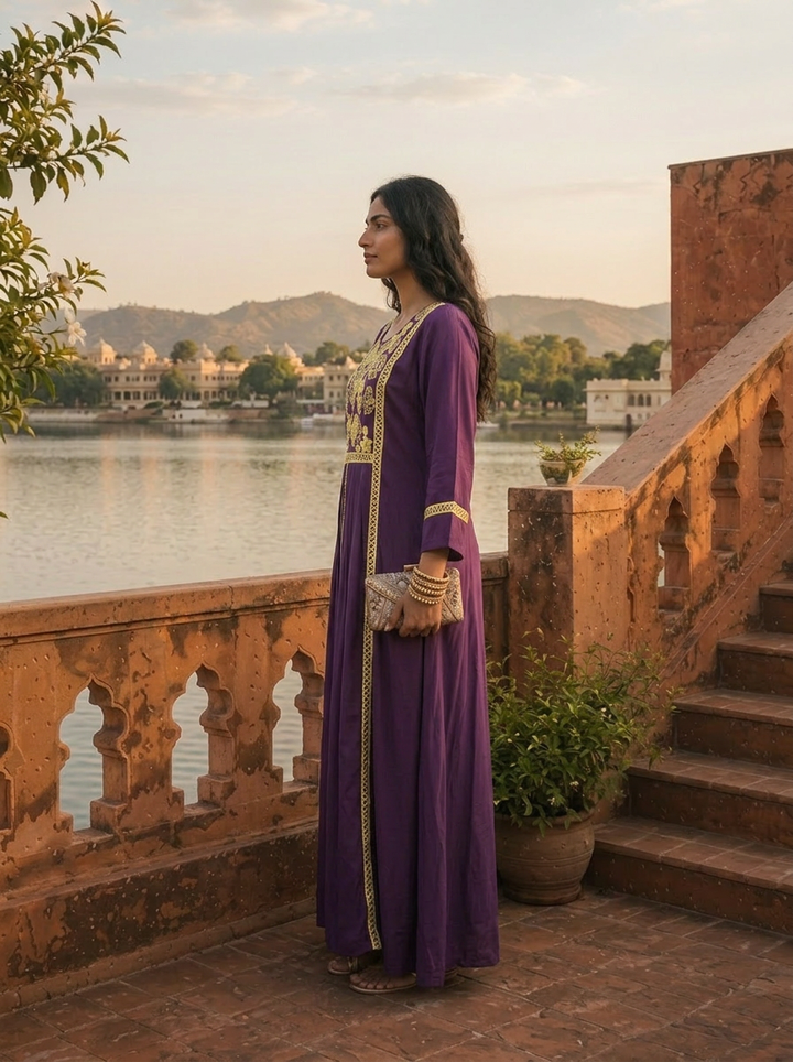Purple Crepe Contrast Floral Thread Embroidered Dress