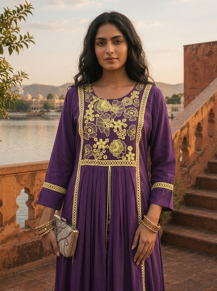 Purple Crepe Contrast Floral Thread Embroidered Dress