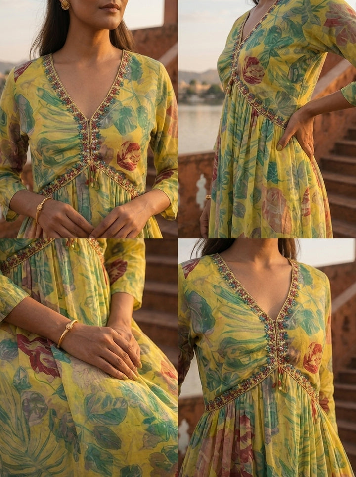 Yellow Cotton Monstera And Tropical Leaves Dress