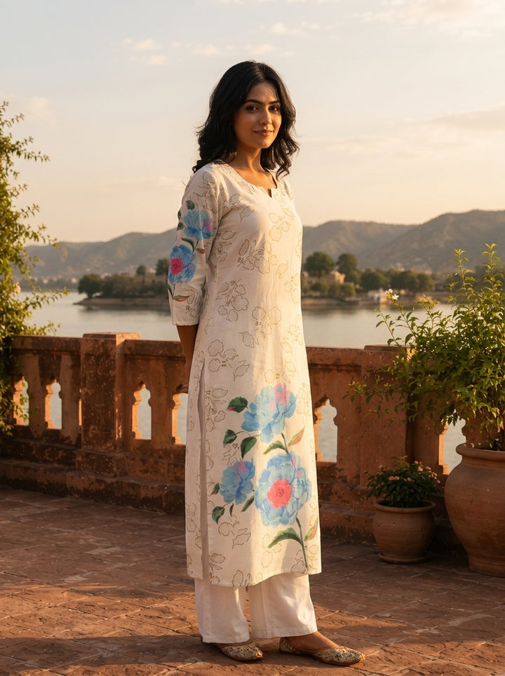 White Cotton Watercolor Peony Placement Printed Kurta