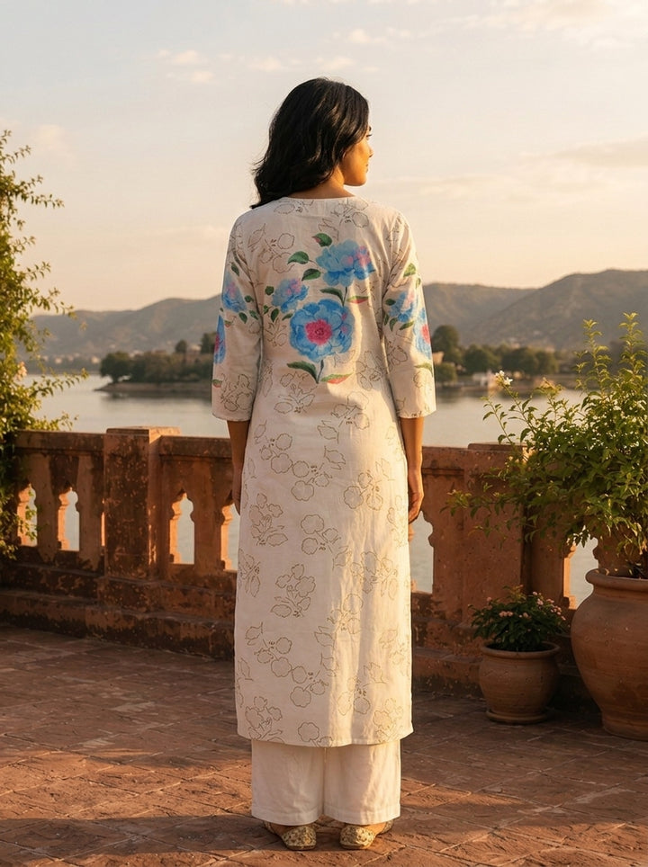 White Cotton Watercolor Peony Placement Printed Kurta