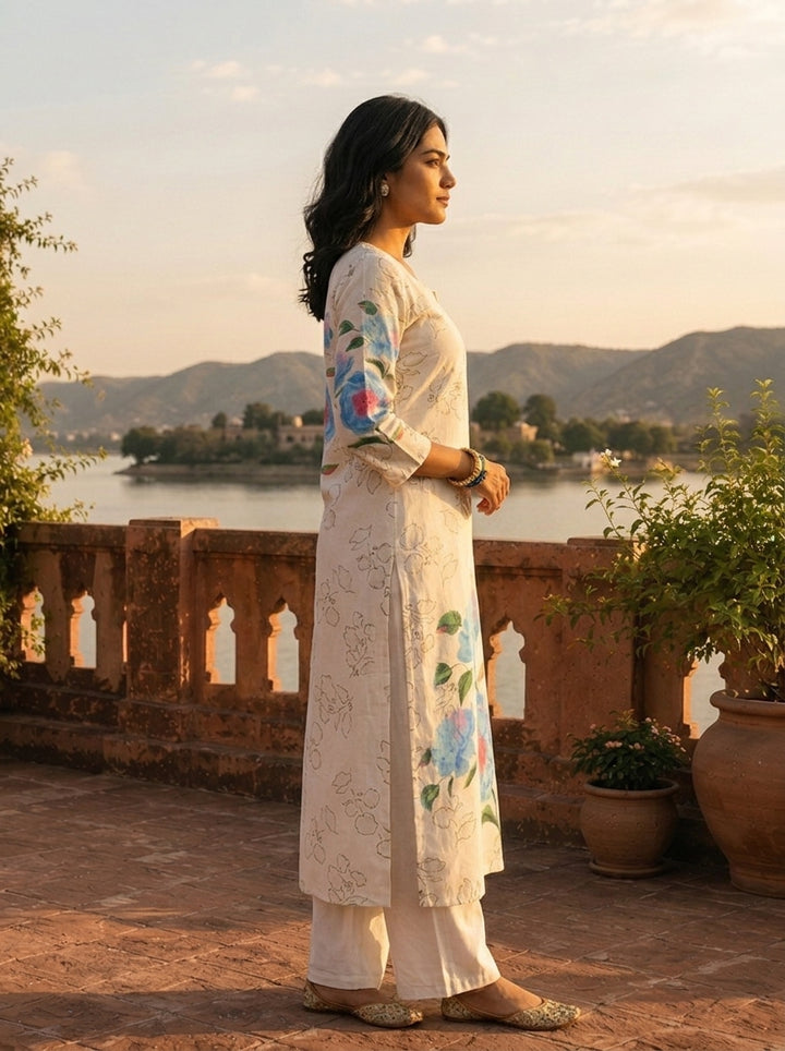 White Cotton Watercolor Peony Placement Printed Kurta