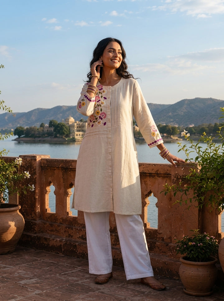 Off White Cotton Multicolor Floral Hand Embroidered Kurta