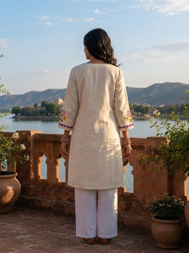 Off White Cotton Multicolor Floral Hand Embroidered Kurta