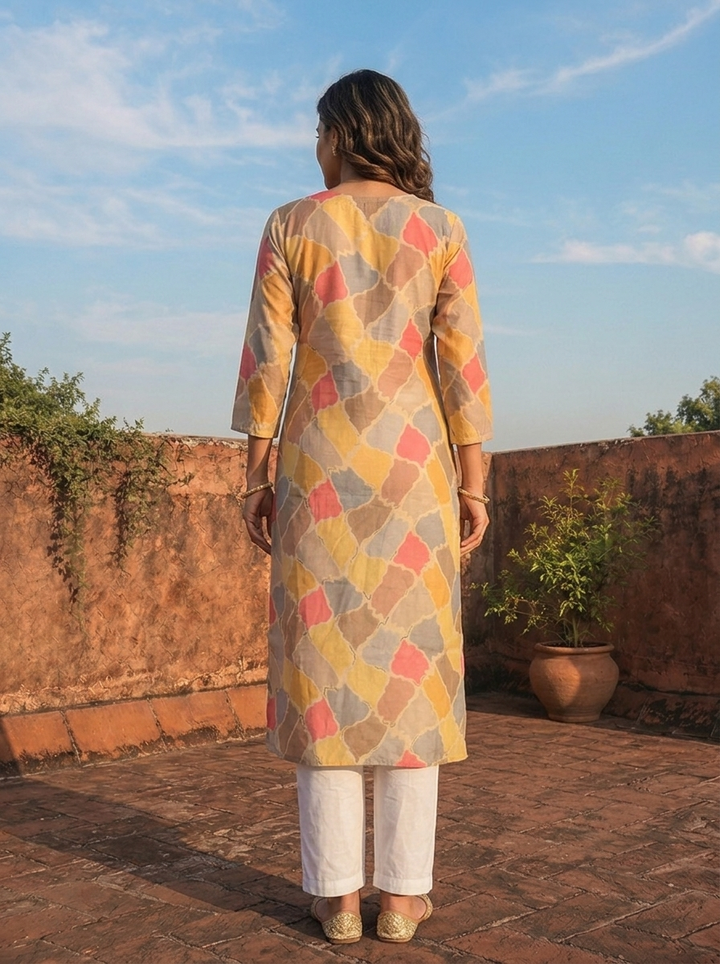 Yellow Muslin Mosaic Printed Kurta