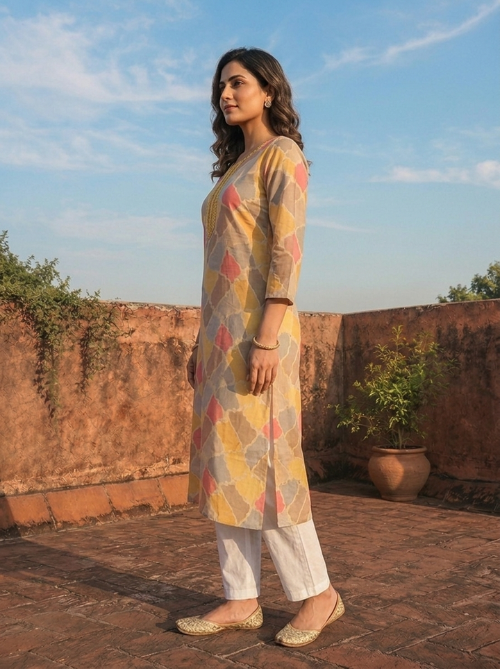 Yellow Muslin Mosaic Printed Kurta