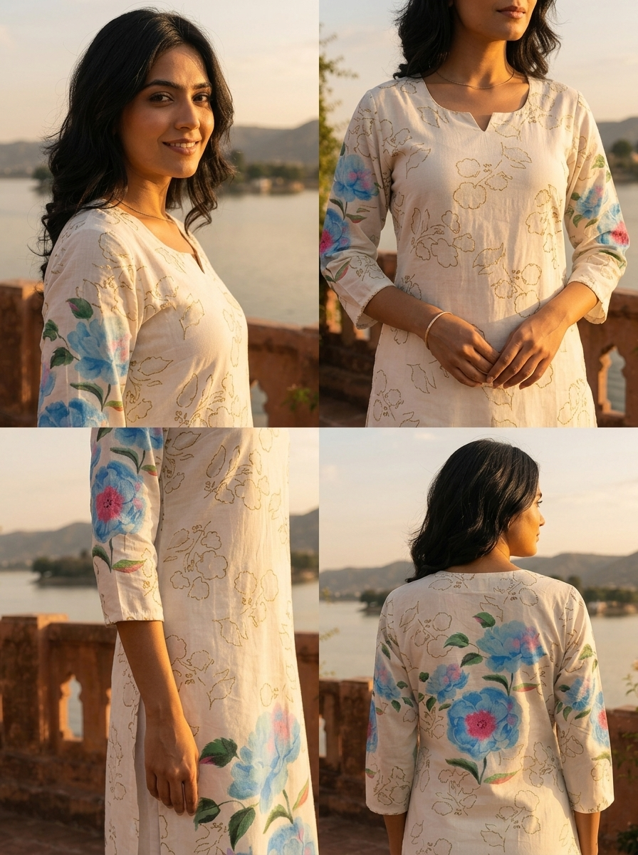 White Cotton Watercolor Peony Placement Printed Kurta