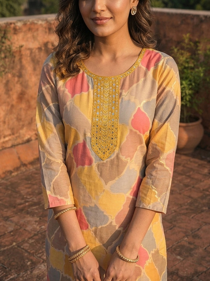 Yellow Muslin Mosaic Printed Kurta