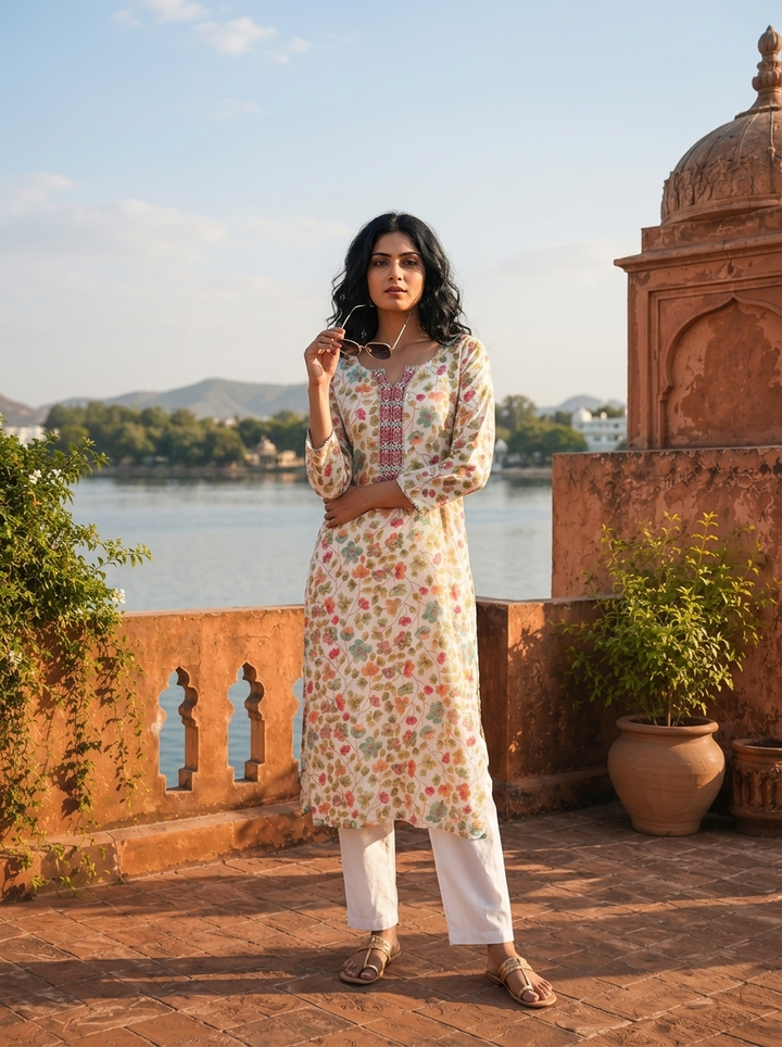 Off White Rayon Multicolor Small Floral Jaal Printed Kurta