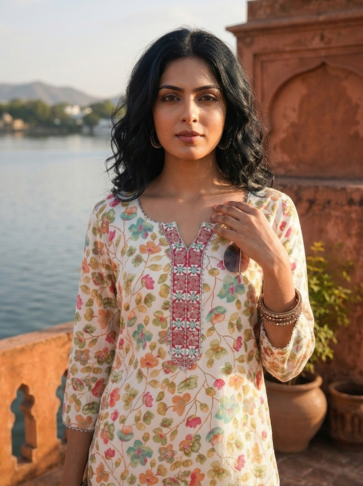 Off White Rayon Multicolor Small Floral Jaal Printed Kurta