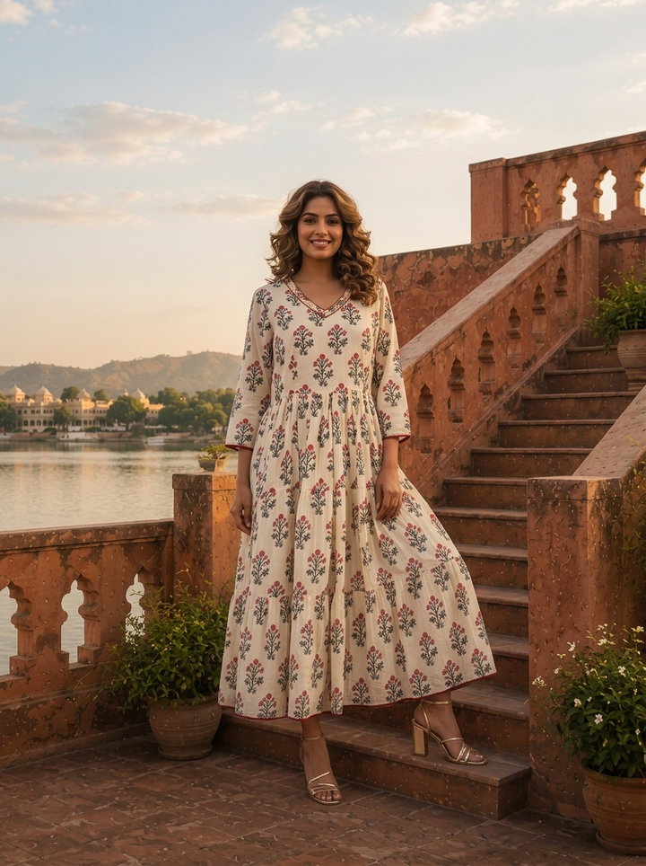 Off White Cotton Mughal Flower Bunch Motifs Printed Dress