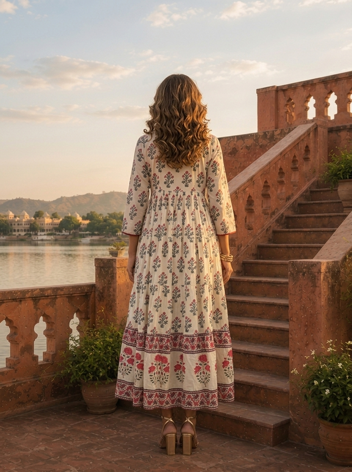 Off White Cotton Mughal Flower Bunch Motifs Printed Dress