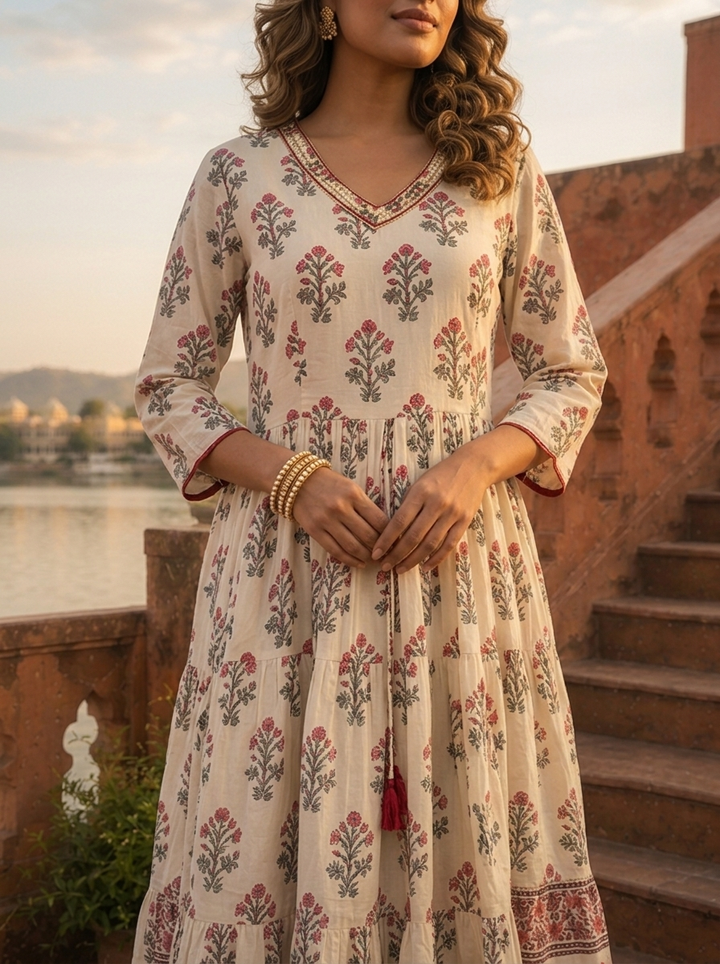 Off White Cotton Mughal Flower Bunch Motifs Printed Dress