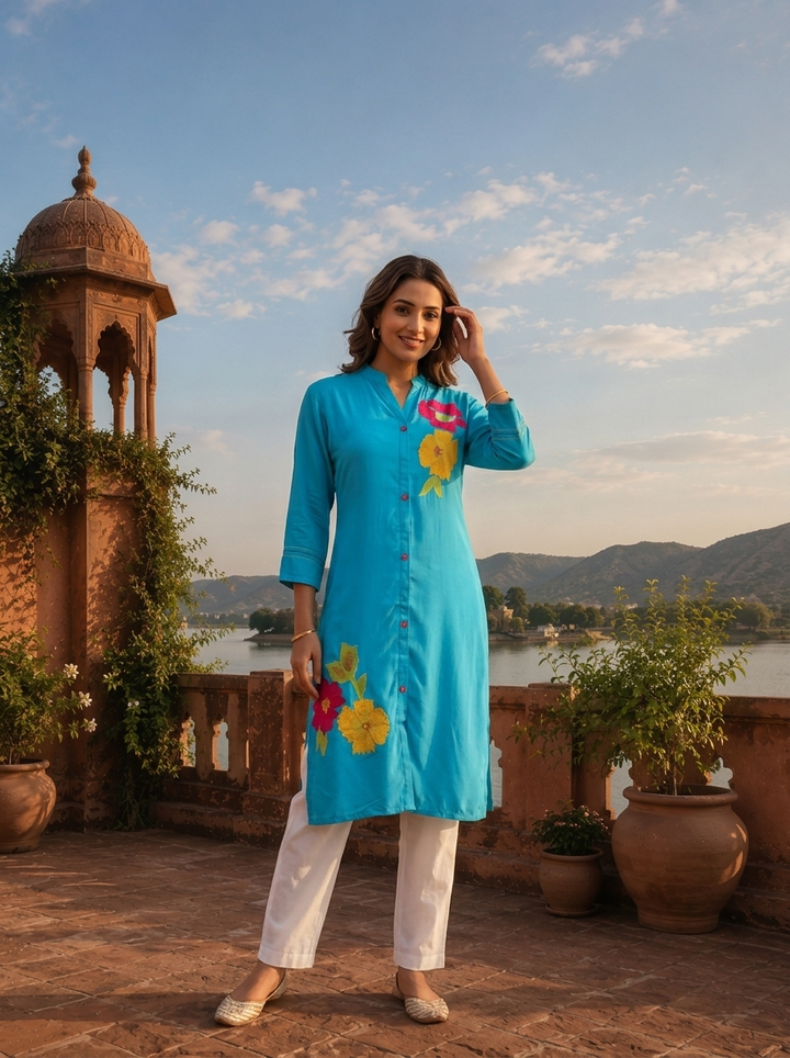 Blue Rayon Floral Applique Embroidered Kurta