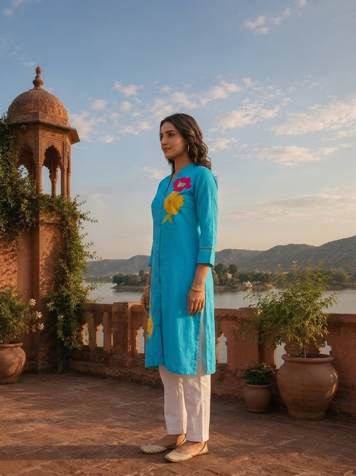Blue Rayon Floral Applique Embroidered Kurta