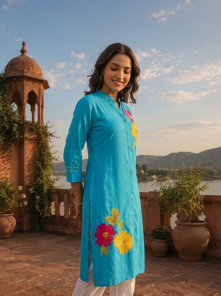 Blue Rayon Floral Applique Embroidered Kurta