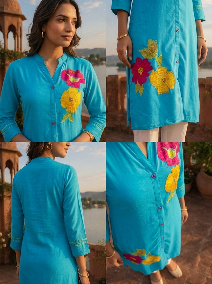 Blue Rayon Floral Applique Embroidered Kurta