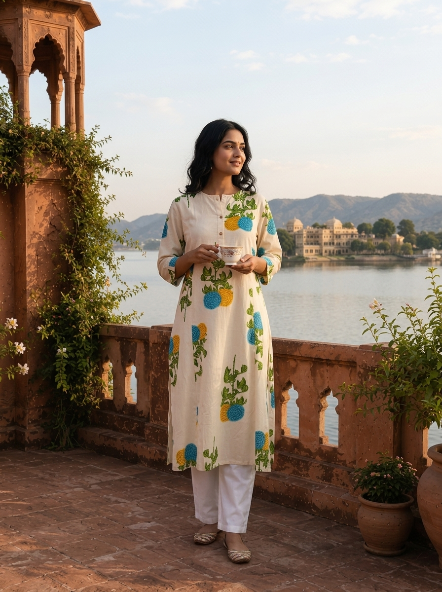 Blue Cotton Marigold Floral Printed Kurta