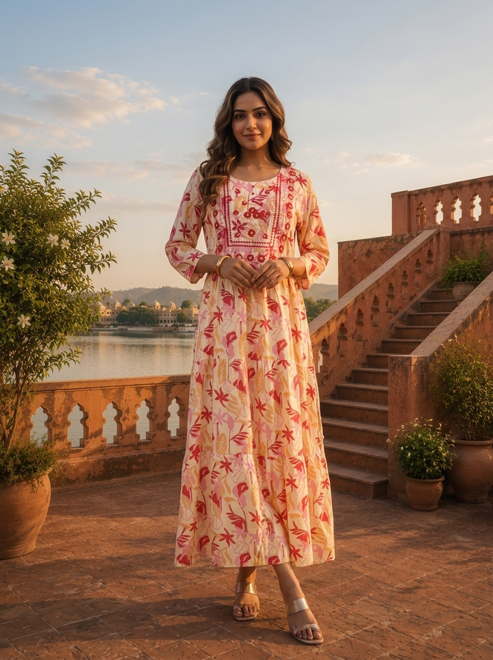 Cream Rayon Tropical Printed Kurta