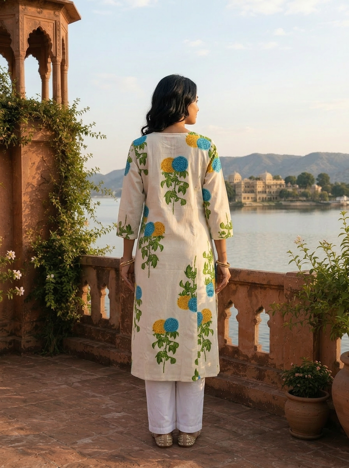 Blue Cotton Marigold Floral Printed Kurta