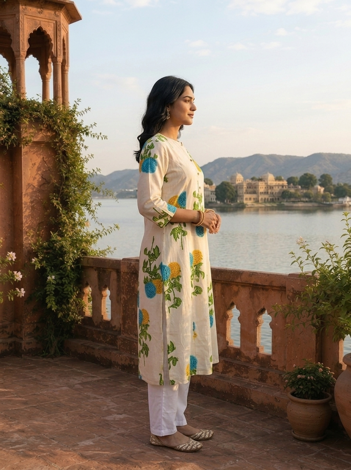 Blue Cotton Marigold Floral Printed Kurta