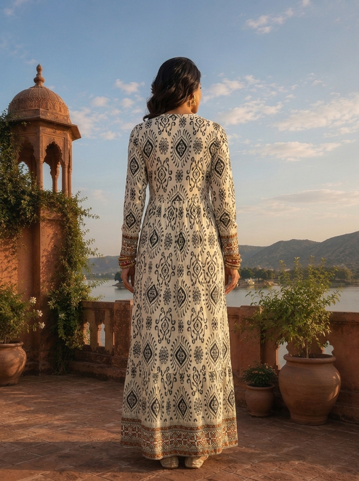 Off White Rayon Tribal Printed Dress