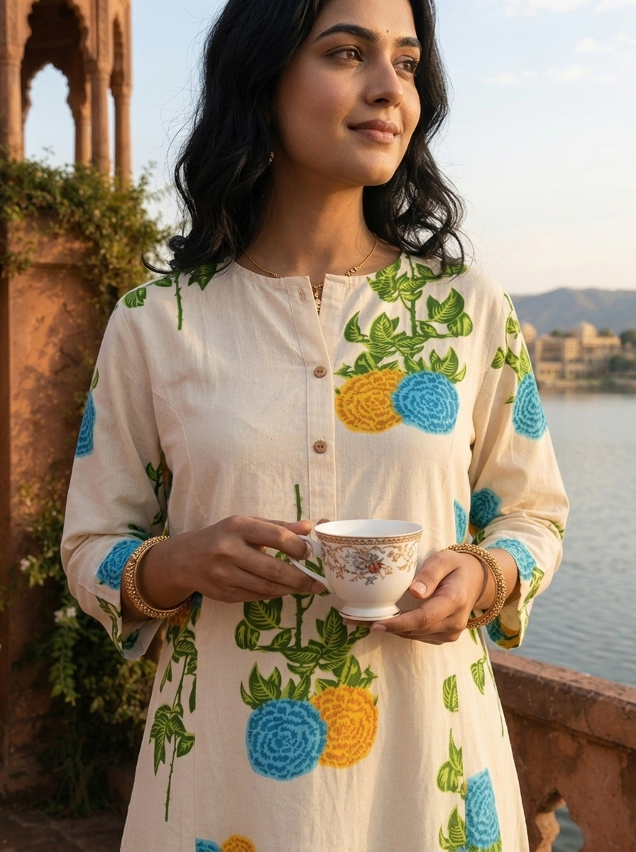 Blue Cotton Marigold Floral Printed Kurta