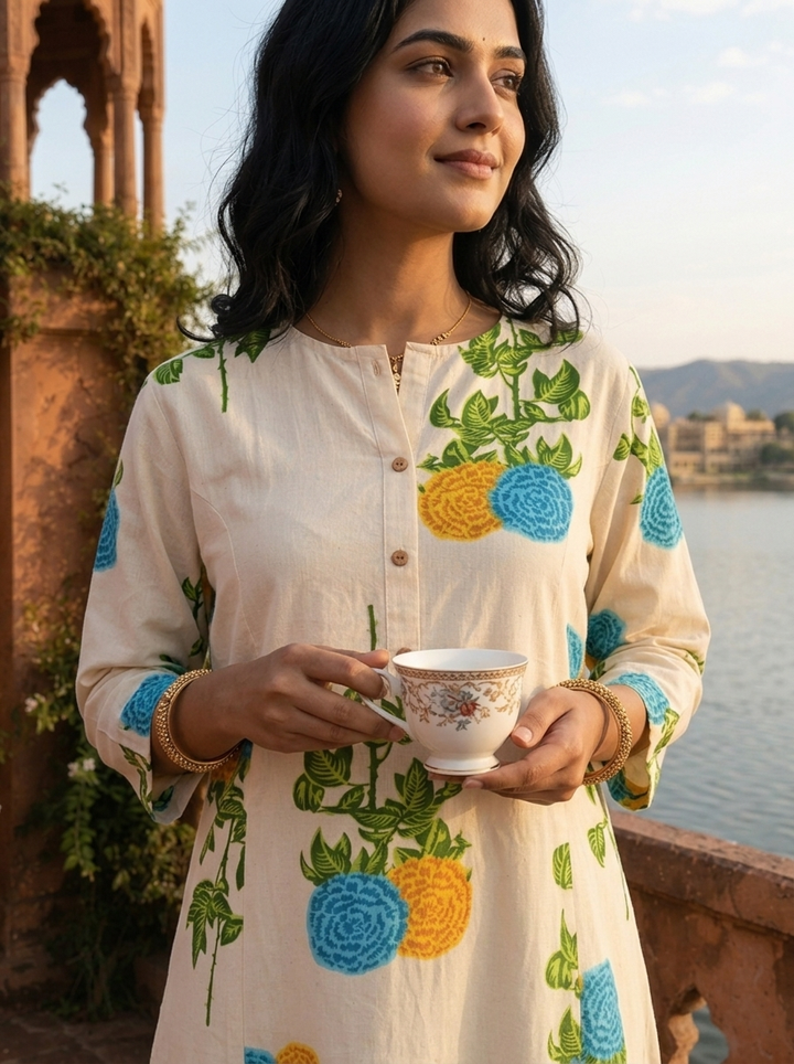 Blue Cotton Marigold Floral Printed Kurta