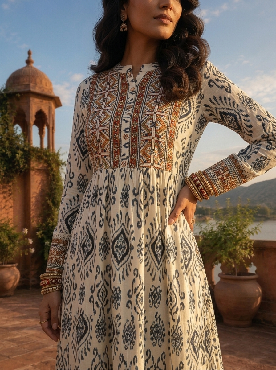 Off White Rayon Tribal Printed Dress